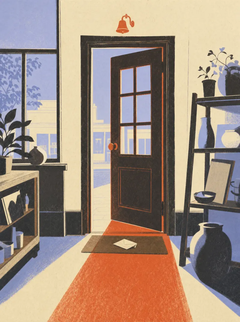 Illustration: a shop door left half open, a folded note waiting on the mat, a wedge of late sunlight across the floor.